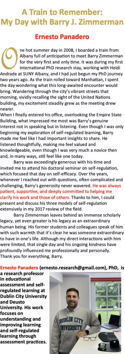 Ernesto Panadero (@ernestopanadero) on Twitter photo "A Train to Remember"
I had the honor of meeting Barry J. Zimmerman only once, but that day left a lasting mark. In this short tribute (published by AERA-SSRL sig), I share what I learned from a true giant in self-regulated learning & an even greater human being.
<a href="/DCU_IoE/">DCU Institute of Education</a> <a href="/DCU/">Dublin City University</a> "A Train to Remember"
I had the honor of meeting Barry J. Zimmerman only once, but that day left a lasting mark. In this short tribute (published by AERA-SSRL sig), I share what I learned from a true giant in self-regulated learning & an even greater human being.
<a href="/DCU_IoE/">DCU Institute of Education</a> <a href="/DCU/">Dublin City University</a>