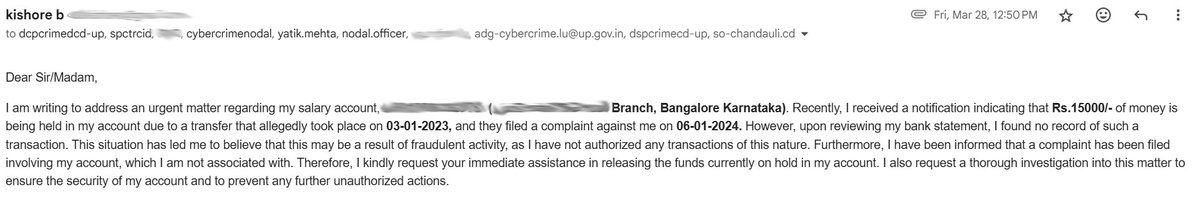 kisbruce's tweet photo. "It's disheartening that despite multiple attempts, I haven't received any response from the police. I request that the concerned authorities to kindly look into it and provide an update. #PublicAssistance #NeedResponse" @Uppolice @chandaulipolice @UPGovt @adgzonelucknow @dgpup https://t.co/POrj7clKCq