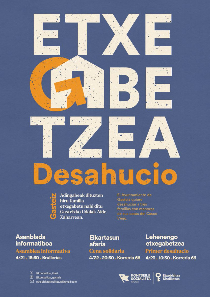 Euskal Herriko Etxebizitza Sindikatu Sozialista (@etxesindikatua) on Twitter photo ➡️Bihar Gasteizko Udalak familia bat etxegabetu nahi du. Aurreikusita dauden 3 etxegabetze gehiagoren artean lehena da hau
Etxegabetzeak gelditu!
➡️Mañana el Ayuntamiento de Gasteiz quiere desahuciar a una familia. Es el primero de los 3 desahucios previstos
<a href="/Kontseilua_Gast/">Kontseilu Sozialista Gasteiz</a> ➡️Bihar Gasteizko Udalak familia bat etxegabetu nahi du. Aurreikusita dauden 3 etxegabetze gehiagoren artean lehena da hau
Etxegabetzeak gelditu!
➡️Mañana el Ayuntamiento de Gasteiz quiere desahuciar a una familia. Es el primero de los 3 desahucios previstos
<a href="/Kontseilua_Gast/">Kontseilu Sozialista Gasteiz</a>