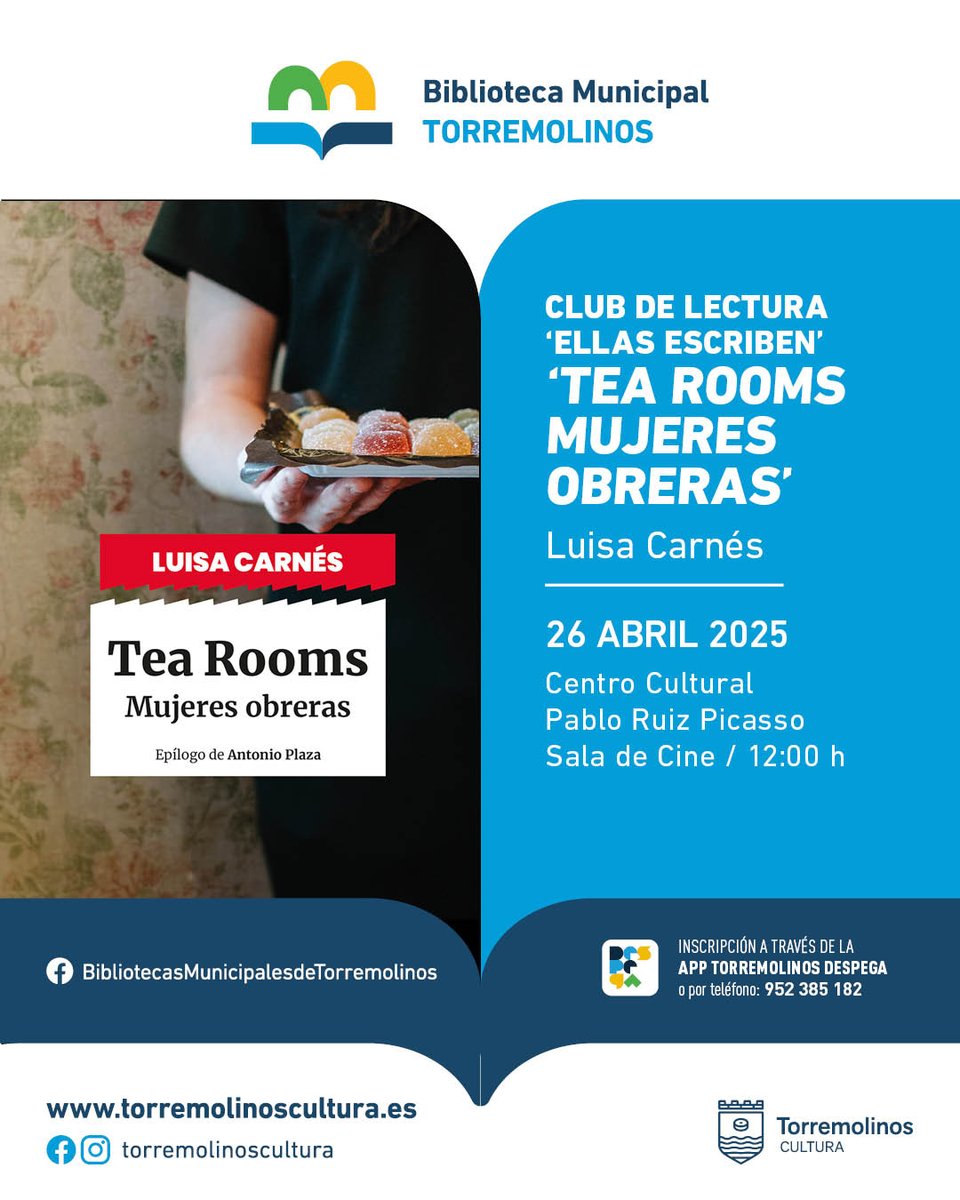 La literatura sigue presente en #Torremolinos con el club de lectura #EllasEscriben, coordinado por Marina Ortega 📖 Este mes debatiremos sobre 'Tea Rooms Mujeres Obreras', de Luisa Carnés, una #novela que rompe los esquemas narrativos de la época ✍️ 

ℹ torremolinoscultura.es
