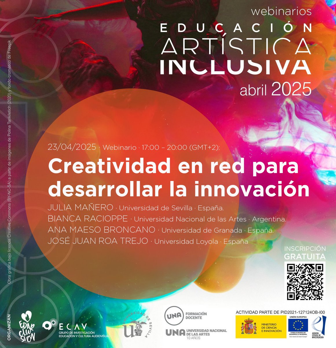 Miércoles 23 de 17:00-20:00 (GMT+2) te esperamos en #Webinario "Creatividad en red para desarrollar la innovación" con Julia Mañero, Bianca Racioppe, Ana Maeso Broncano y José Juan Roa Trejo
🔗info e inscrip. acortar.link/C0DdTT
 #EDARCLUSION #EducaciónArtística #Innovación