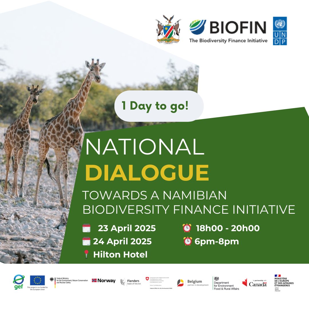 1 Day to Go!

Namibia’s National Dialogue on Biodiversity Finance kicks off tomorrow.

📍 Hilton Hotel, Windhoek
📅 23 April 2025

Read more:🔗 undp.org/namibia/events…