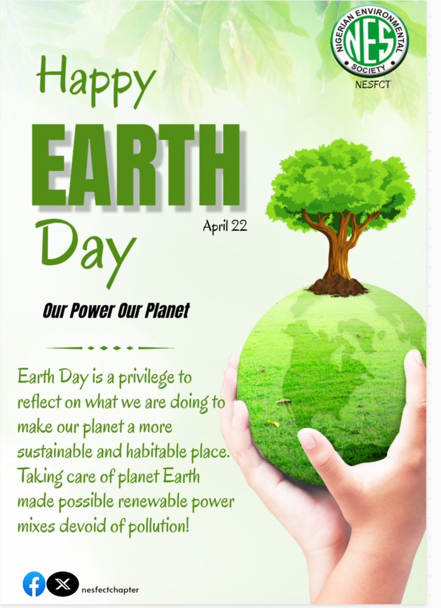 Nigerian Environmental Society-NES,FCT Chapter (@nesfctchapter) on Twitter photo We continue to advocate for a healthy planet Earth.
The focus is to triple the renewable energy (solar, wind and others) generation by 2030.Let's continue to protect our planet together!
<a href="/Nesfctchapter/">Nigerian Environmental Society-NES,FCT Chapter</a> <a href="/NationalNes/">NES National</a> #EarthDay2025 #EarthDay #unep We continue to advocate for a healthy planet Earth.
The focus is to triple the renewable energy (solar, wind and others) generation by 2030.Let's continue to protect our planet together!
<a href="/Nesfctchapter/">Nigerian Environmental Society-NES,FCT Chapter</a> <a href="/NationalNes/">NES National</a> #EarthDay2025 #EarthDay #unep