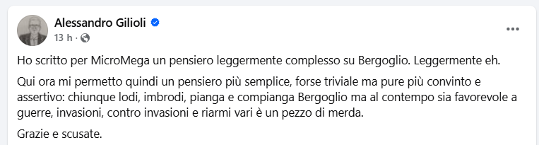 Alessandro Gilioli sintetizza il pensiero di molti, compreso il mio.
Grazie.
#PapaFrancesco 
#22aprile
