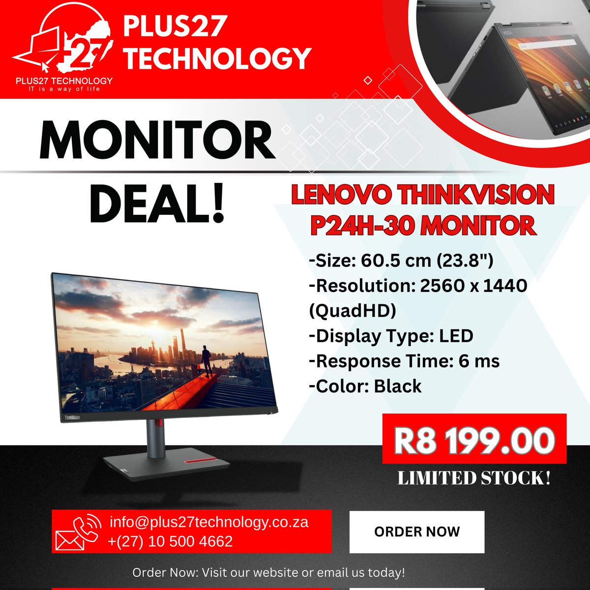 plus27_tech's tweet photo. Monitor Deal!
Get the Lenovo ThinkVision P24h-30
• 23.8" LED Display (60.5 cm)
• Quad HD (2560 x 1440)
• 6ms Response Time
Sleek & sharp – ideal for work or play!
Only R8 199 – Limited stock!
#Lenovo #Plus27Tech #TechDeals #MonitorSale #WorldEarthDay #PopeFrancis
#Tech #PC https://t.co/EiB0XU7oa1