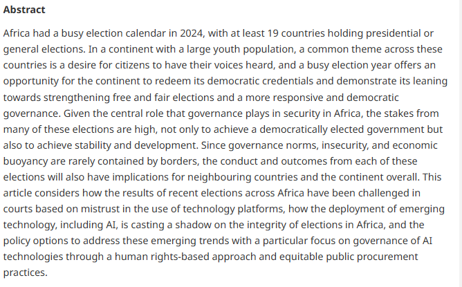 Data & Policy (@data_and_policy) on Twitter photo Reinstating #trust in the era of #AI
New paper on recent elections in #Africa, growing mistrust of #emerging #technologies and platforms, and how #policymakers can regulate technology to protect democratic integrity:
bit.ly/3RYiXn1
<a href="/foladeleke/">fola adeleke</a> <a href="/gcg_ai/">Global Center on AI Governance</a> <a href="/WitsSchoolofLaw/">Wits School Of Law</a> Reinstating #trust in the era of #AI
New paper on recent elections in #Africa, growing mistrust of #emerging #technologies and platforms, and how #policymakers can regulate technology to protect democratic integrity:
bit.ly/3RYiXn1
<a href="/foladeleke/">fola adeleke</a> <a href="/gcg_ai/">Global Center on AI Governance</a> <a href="/WitsSchoolofLaw/">Wits School Of Law</a>