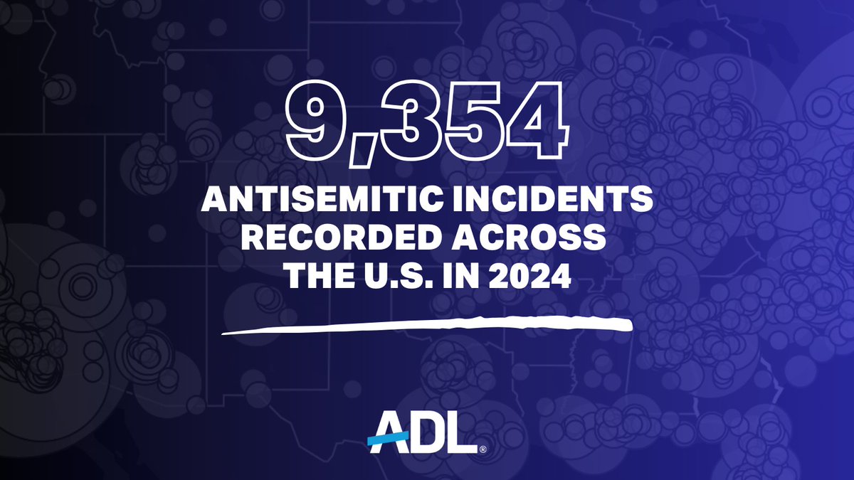 1/🚨 BREAKING: ADL recorded a total of 9,354 incidents of antisemitic assault, harassment and vandalism across the U.S. in 2024.

This is the fourth year in a row that the total number of antisemitic incidents broke the previous all-time annual high. adl.org/resources/repo…