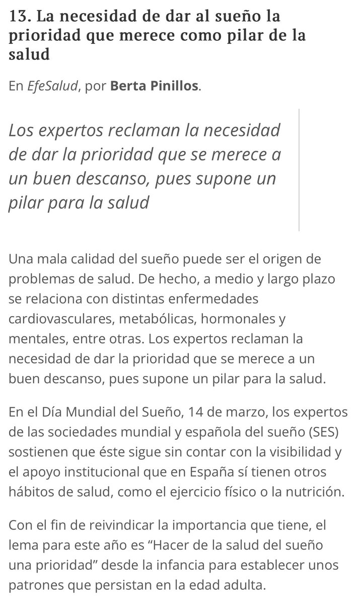 joan carles march (@joancmarch) on Twitter photo La necesidad de dar al #sueño la prioridad que merece como pilar de la salud
10 % de población en España tiene algún trastorno del sueño. 30 % se despierta a diario con sensación de NO haber tenido sueño reparador
Mis #CrónicasSanitarias <a href="/IndeGranada/">El Independiente de Granada</a>
🔴elindependientedegranada.es/ciudadania/cro… La necesidad de dar al #sueño la prioridad que merece como pilar de la salud
10 % de población en España tiene algún trastorno del sueño. 30 % se despierta a diario con sensación de NO haber tenido sueño reparador
Mis #CrónicasSanitarias <a href="/IndeGranada/">El Independiente de Granada</a>
🔴elindependientedegranada.es/ciudadania/cro…
