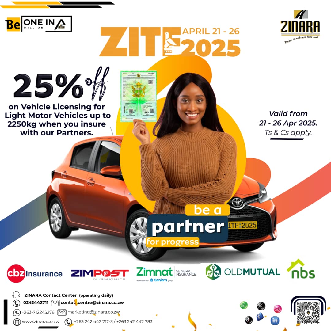 zinaraZW's tweet image. Get on the road to savings! Visit our ZITF stand and enjoy 25% off when renewing your motor vehicle license. Simply insure with one of our partners: CBZ, Zimnat, ZIMPOST, Old Mutual or NBS.
Don't wait – renew today!
#BeOneInAMillion
#ProudlyCompliant
#PartnerForProgress…