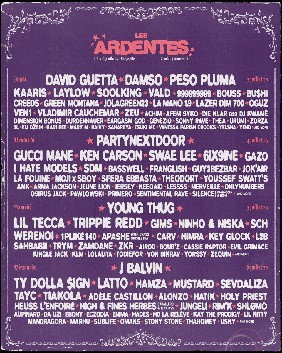 🚨 LES ARDENTES dévoile la LINE-UP complète de leur FESTIVAL !!

Avec : 
▫️DAVID GUETTA
▫️DAMSO
▫️LAYLOW
▫️YOUNG THUG
▫️GREEN MONTANA
▫️NINHO
▫️GIMS
▫️HAMZA
▫️NINHO &amp; NISKA
▫️TIAKOLA
..

Vous y allez ? 🤔