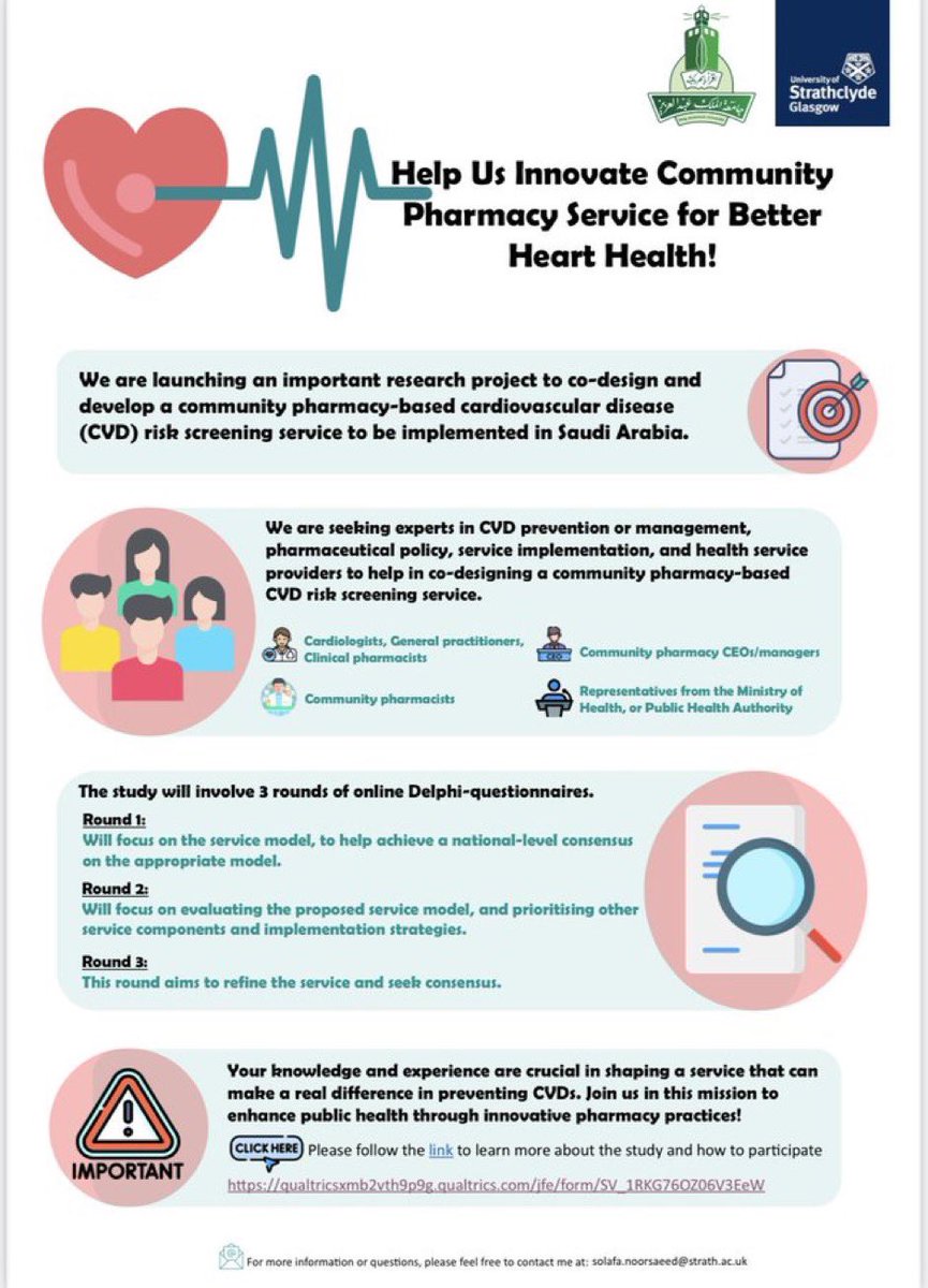 نبحث عن خبراء للمشاركة في دراسة تهدف إلى تطوير خدمات الصيدليات المجتمعية من خلال تصميم خدمة جديدة لفحص مخاطر الإصابة بأمراض القلب والأوعية الدموية، وذلك للوقاية من هذه الأمراض في المملكة العربية السعودية.

qualtricsxmb2vth9p9g.qualtrics.com/jfe/form/SV_1R…