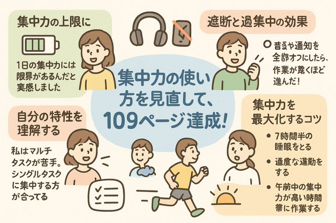 【集中力の真実】1日の集中力には上限がある!?私の場合、「ながら作業」をやめて全てを遮断したら3日で40ページも進んだ...!自分に合った集中方法、見つけてみませんか?

…でもたまにはボイスを作業用BGMにしたい!w 