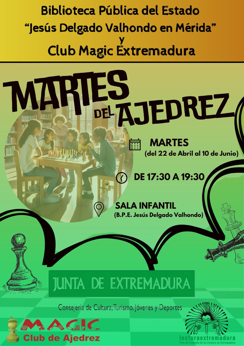 ¡Vuelven "Los martes del ajedrez"! 😆

📍Biblioteca Pública de Mérida  "Jesús Delgado Valhondo"
📅Todos los martes desde el 22 de abril hasta 10 de junio
⏰De 17:30 a 19:30
♟️Para todos los públicos, entrada libre y gratuita
♟️Lugar de juego, aprendizaje y difusión del #Ajedrez