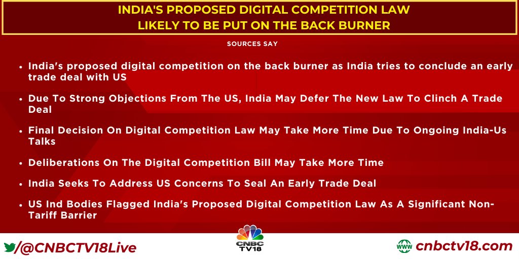 CNBCTV18Live's tweet photo. India's proposed digital competition law likely to be put on the back burner, considering strong concerns from US government and industry

Sources say, govt unlikely to introduce #digitalcompetition bill anytime soon due to ongoing efforts to clinch a trade deal with the US https://t.co/FBsQO1wPkc