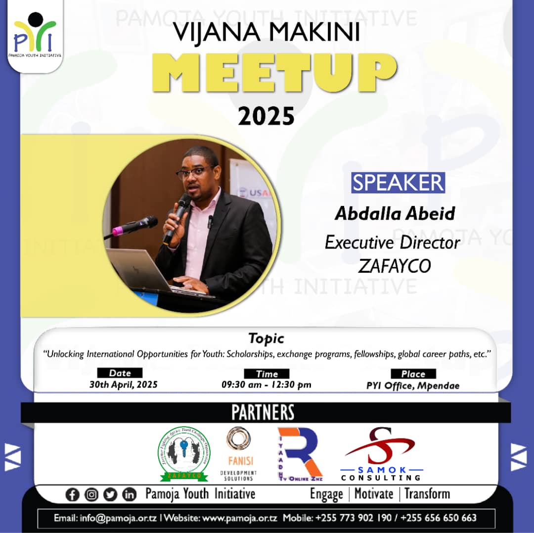 pamoja_youth's tweet photo. 📢 Ready to explore global opportunities?

Join the #VijanaMakiniMeetup on April 30 at the PYI Office - Mpendae!

Topic: Unlocking Global Opportunities 4 Youth. 
Facilitator: Abdalla Abeid (ZAFAYCO)
⏰ 09:30am-12:30pm
Register by April 27: https://t.co/03SSuW2R0n

Don’t miss out! https://t.co/7dwzNofhRg