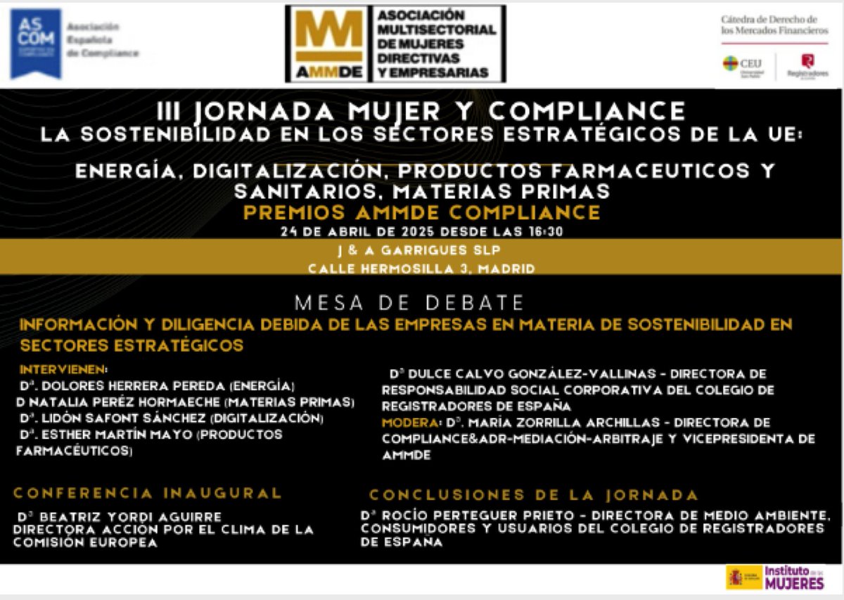 Esta tarde se celebra en <a href="/garrigues_es/">Garrigues</a> la III jornada "Mujer y Compliance" de <a href="/AMMDE_/">AMMDE</a> <a href="/ascomGRC/">ascomGRC</a> <a href="/USPCEU/">Universidad CEU San Pablo</a>, que contará con la intervención de las vocales Dulce Calvo <a href="/dulce_cgv/">Dulce</a> y Rocio Perteguer <a href="/rpertepri/">Rocio Perteguer</a>, y de la decana <a href="/MariaEmiliaAdan/">Maria Emilia Adán</a>, en su clausura.

📍asociacioncompliance.com/jornada-ammde/
