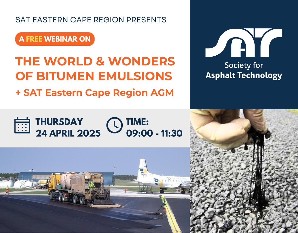 PROGRAMME: Join us for this Thursday's #SATEastern Region FREE Webinar on THE WORLD &amp; WONDERS OF #BITUMENEMULSIONS + SAT Eastern Region AGM. 👍 160+ attendees already registered!

🗓️ Thursday 24 April
⏰ 9am - 11:30am

Register : lnkd.in/dBCKMXDd