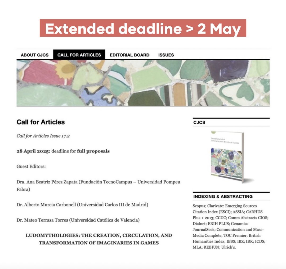 We’ve extended the deadline for submitting article and viewpoint proposals to Special Issue 17.2! 
If you are working on ludomythologies do not miss the chance of being part of this monograph edited by <a href="/bea_pzapata/">Beatriz Pérez Zapata</a> A. Murcia-Carbonell &amp; <a href="/MacMathiu/">Mateo Terrasa Torres</a>
Submit: submission.pubkit.co/publisher/29/j…