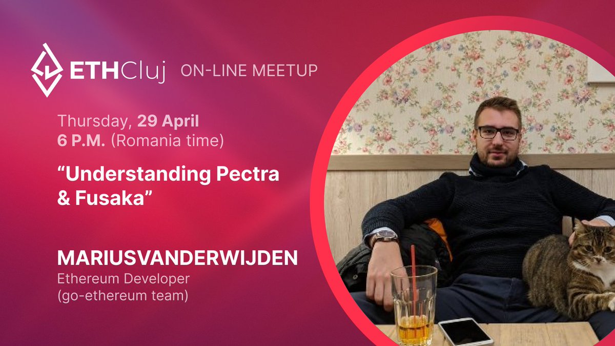 ETHCluj's tweet photo. Get ready for our next online session with @vdWijden from @go_ethereum who will talk about

💡#Ethereum  hardfork #Pectra happening on 7 May 
💡the next hardfork #Fusaka

Mark your calendars
🗓️29 April
⏰6:00 PM EST
🔗https://t.co/w0TyUled7N

and join us on our Road to #ETHCluj! https://t.co/RKKm1AQ67X