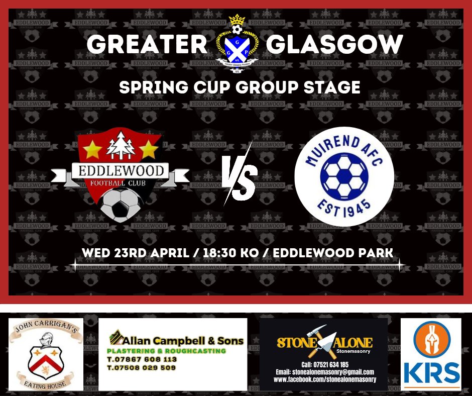 Up next and as early as tomorrow night we continue with the Spring Cup Group Stage against Muirend AFC.

Both sides with a positive result in the first game of the group getting 3pts on the board and we look to follow up from Saturday with another win 🔴⚫️