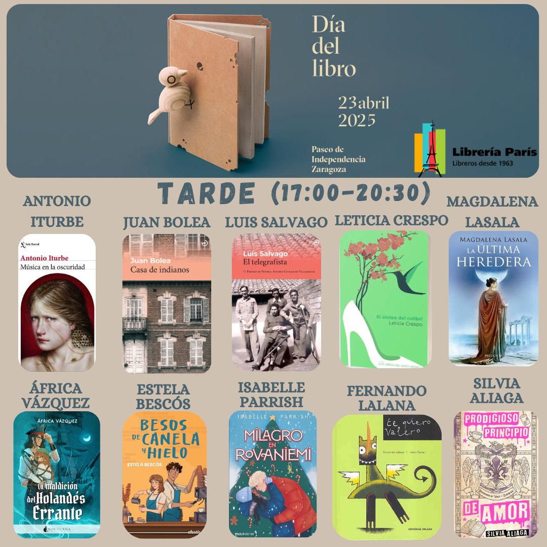 Antonio Iturbe (@antonioiturbe9) on Twitter photo DÍA DEL LIBRO EN ZARAGOZA.
Yo voy donde me llaman. Y me han llamado de la Librería París de Zaragoza para que mañana esté firmando libros o viendo pasar a la gente por el Paseo de la Independencia 2-4 a partir de las 17:00
Allí estaré con la música
<a href="/Seix_Barral/">Seix Barral</a> <a href="/libreria_paris/">Librería París</a> DÍA DEL LIBRO EN ZARAGOZA.
Yo voy donde me llaman. Y me han llamado de la Librería París de Zaragoza para que mañana esté firmando libros o viendo pasar a la gente por el Paseo de la Independencia 2-4 a partir de las 17:00
Allí estaré con la música
<a href="/Seix_Barral/">Seix Barral</a> <a href="/libreria_paris/">Librería París</a>