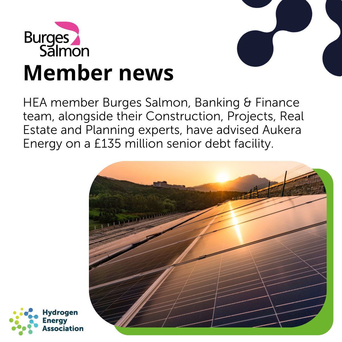 We’re proud to celebrate HEA member Burges Salmon, who advised Aukera Energy on a £135m facility to support five UK solar projects (250MWp). Spanning Kent to Ayrshire, all secured CfDs in AR5 and are set to be operational by 2026. ☀️⚡