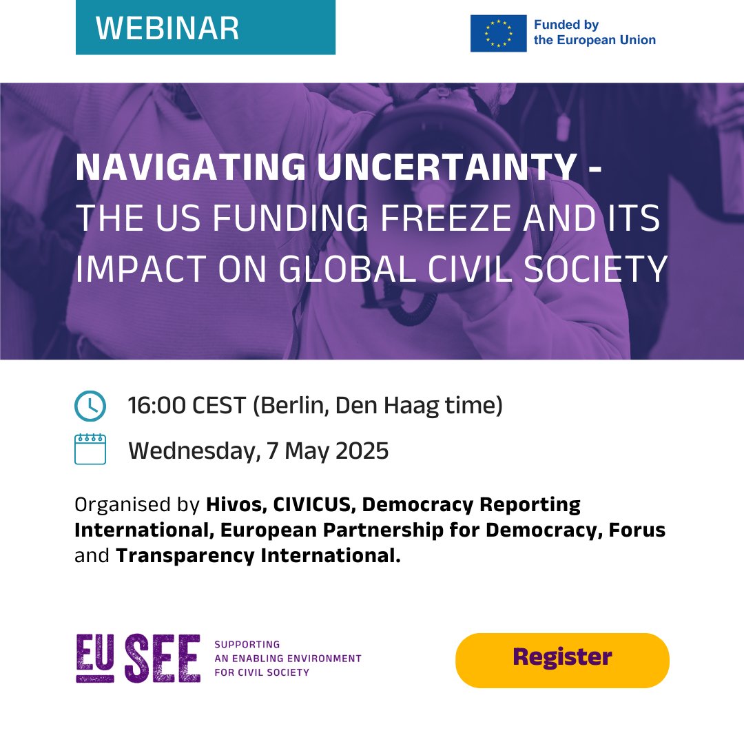 CIVICUSalliance's tweet photo. 💰 What happens when the world's largest donor suddenly hits pause?
Join us for a vital webinar unpacking the #USAIDfreeze and what it means for CSOs everywhere.
📆 May 7, 2025
🔗https://t.co/0zty9jNZYP
#EUSEE #DevelopmentCrisis #FundingJustice https://t.co/XRZ5YFYMZb