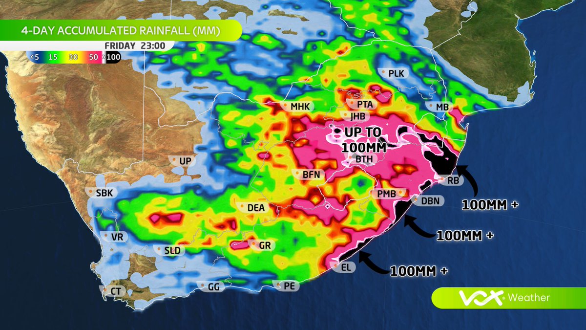 VoxWeatherZa's tweet photo. ❄️SNOW &amp; RAIN FORECAST | 22–25 April 🌧️

A CUT-OFF LOW &amp; HIGH-PRESSURE system will bring COLD &amp; WET weather this week!

⚠️Up to 100mm rain likely in parts of KZN, EC &amp; Free State 

❄️5cm+ SNOW expected in Lesotho, especially around Tiffindell &amp; Afri Ski

#voxweather #snowinsa https://t.co/sBc0QsmamM
