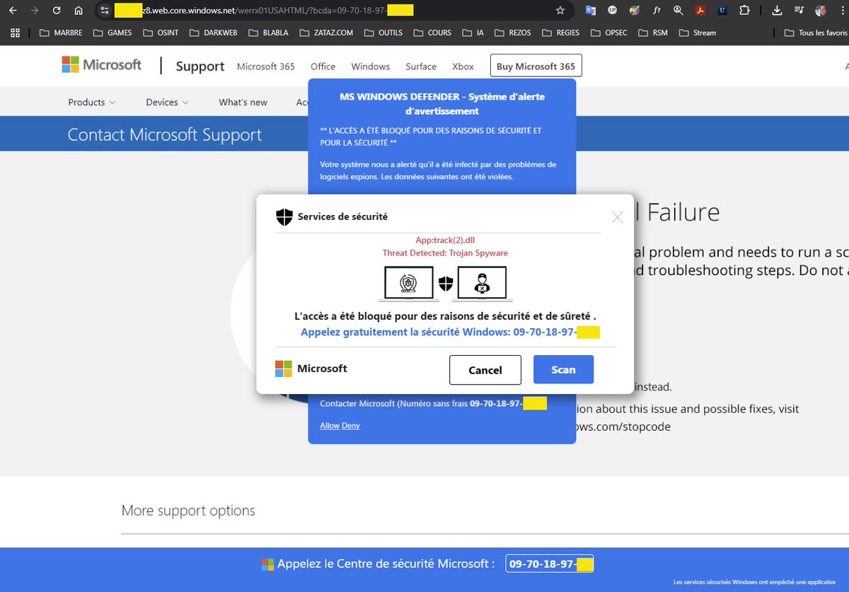 zataz's tweet image. 🔔 Il est de retour... et plus sournois que jamais ! 🔔

Un faux message d&apos;erreur, un faux numéro de support Microsoft, et une vraie arnaque qui piège encore de nombreux internautes 😱💻

Le &quot;support technique&quot; bidon refait surface avec une nouvelle vague bien rodée repérée sur…