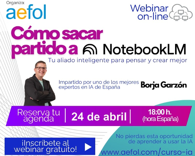 joeldoncel2007's tweet image. 📢 ¡Webinar GRATIS!

🧠 Aprende a usar NotebookLM para organizar ideas y crear mejor con IA.

🗓️ Jueves 24 abril · 18:00h 🇪🇸

🎙️ @borjaturtle 

🎟️ Apúntate aquí 👉 lnkd.in/drzX-fX4
🎁 ¡Sorpresa incluida! Presentamos el curso GenIA 7ª ed.

#IA  #WebinarGratis #NotebookLM