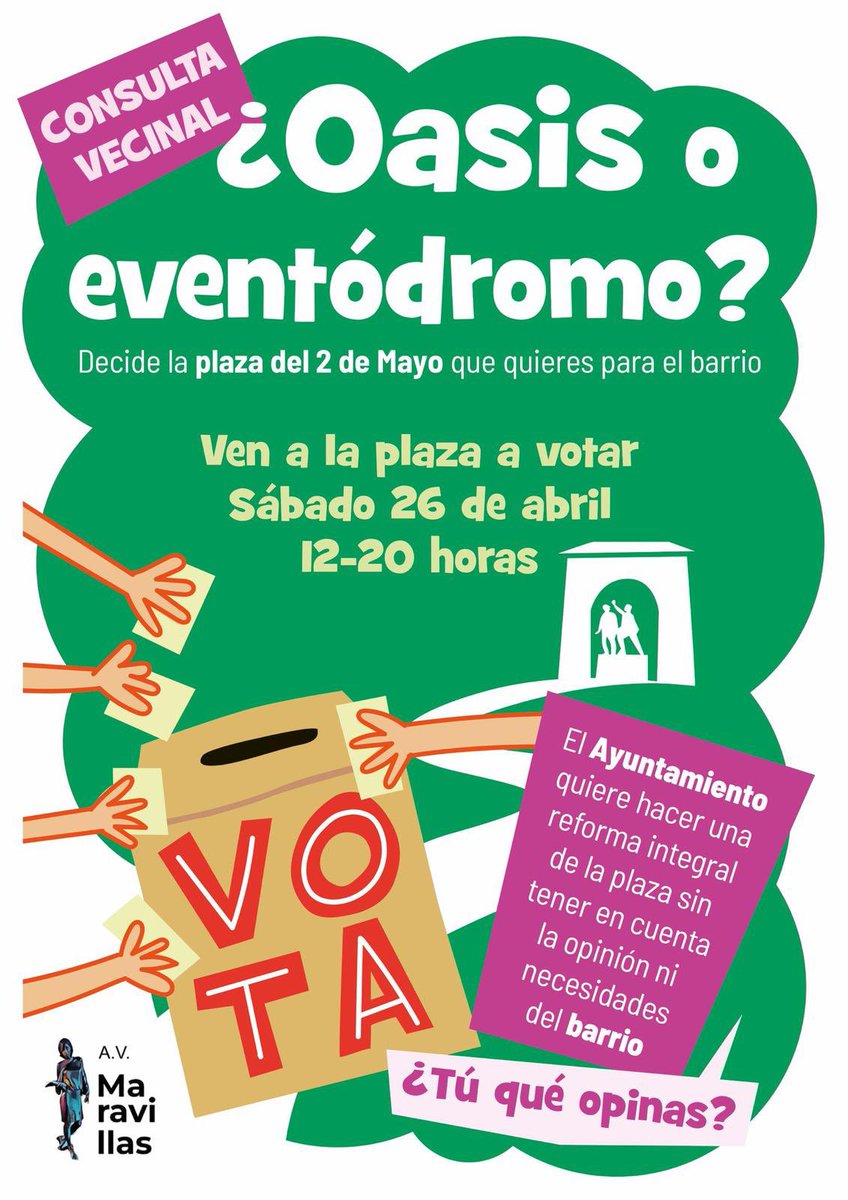¿Oasis o eventódromo?🌳 🌿🆚🎤
¡Vota por la plaza del 2D que quieres! 🗳️

Sábado 26 de abril
⏰ De 12:00 a 20:00 h
📍 Plaza del 2 de Mayo

¡Defiende tu plaza, defiende tu barrio! ✊💚

#ConsultaVecinal #2dMayo