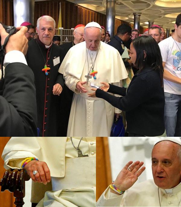 On October 17, 2018, Pope Francis received a rainbow pectoral cross at the Youth Synod and started to wear it immediately...
 those who created this cross  did so to oblige the Bishops who will be present at the WYD2019 to wear  it. It is yet another way to promote homosexuality