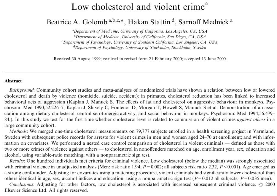 I_mitochondria's tweet image. Cholesterol lowering mania➡️
⬆️ contributed to violent crime rates, childhood aggression, depression?
Papers Conclusions: low cholesterol is associated with increased subsequent criminal violence