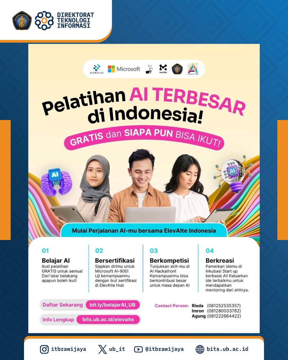 UB_IT's tweet image. Telah dibuka pendaftaran pelatihan gratis Microsoft Azure AI Fundamentals (AI-900) untuk umum. Segera daftarkan diri Anda.

Pendaftaran: bit.ly/belajarAI_UB
Info: bits.ub.ac.id/id/elevaite/
cc: @UB_Official @infomalang @UINmalang @UM_1954  @unisma193 @MalangUniga