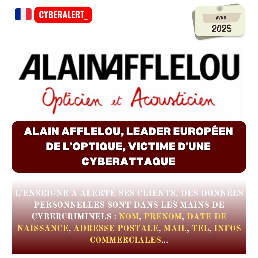 _SaxX_'s tweet image. 🚨🇫🇷CYBERALERT, FRANCE🔴 |  ALAIN AFFLELOU voit flou après une cyberattaque. L&apos;enseigne a alerté ses clients dans un mail.

En fin de semaine dernière, ALAIN AFFLELOU - le leader européen de l&apos;optique (lunettes) en France et en Europe - a annoncé être victime d&apos;une cyberattaque.…