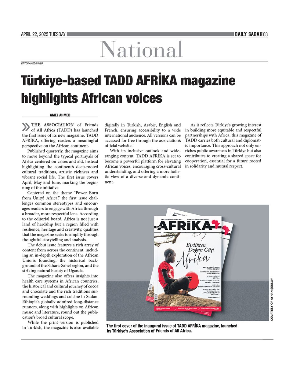 TADD AFRİKA Daily Sabah’ta! 

TADD AFRİKA, Daily Sabah’ın haberiyle daha geniş kitlelere ulaştı!

Dergimiz, ilk sayısıyla Daily Sabah’ın gündeminde yer aldı. 

Bu özel haberin detaylarına aşağıdaki bağlantıdan ulaşabilirsiniz: 
dailysabah.com/turkiye/tadd-a…