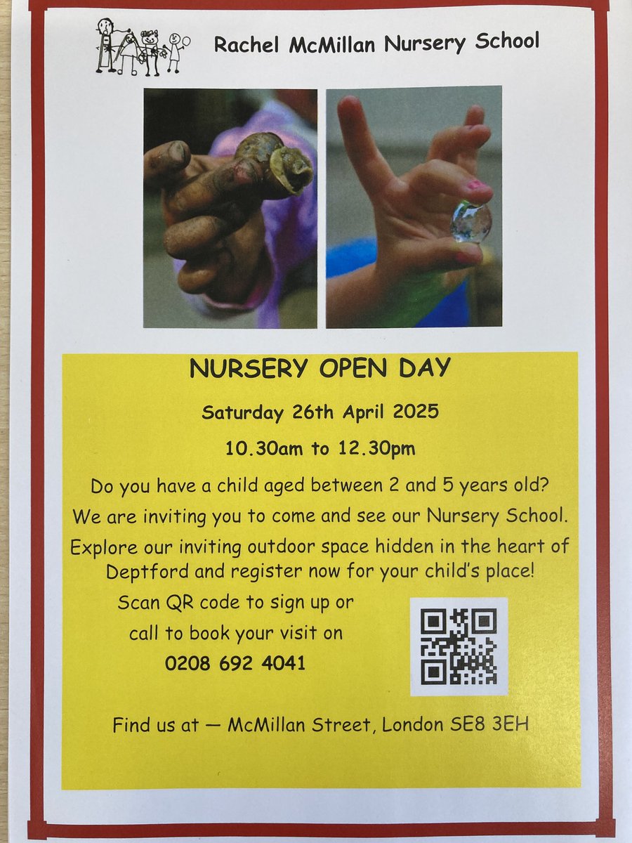 It is that time of year 💐 Time for our annual Open Morning?
Please join us 26/4/25, 10.30 to 12.30 to see our unique Nursery School. Phone to book a visit 02086824041 OR complete an online form rachelmcmillannursery.co.uk 
We look forward to meeting you.