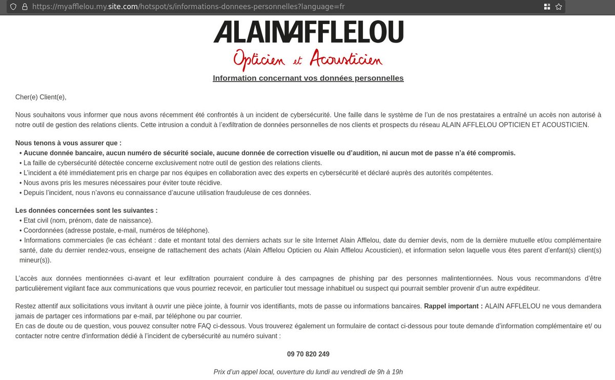_SaxX_'s tweet image. 🚨🇫🇷CYBERALERT, FRANCE🔴 |  ALAIN AFFLELOU voit flou après une cyberattaque. L&apos;enseigne a alerté ses clients dans un mail.

En fin de semaine dernière, ALAIN AFFLELOU - le leader européen de l&apos;optique (lunettes) en France et en Europe - a annoncé être victime d&apos;une cyberattaque.…