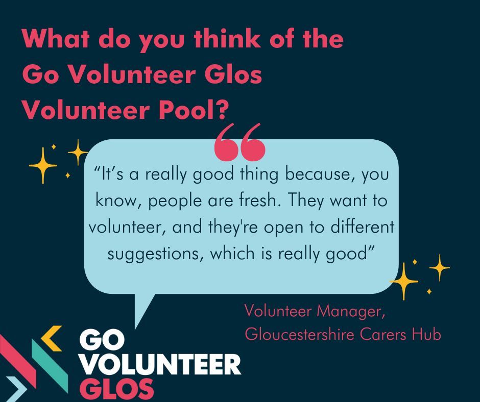 GlosVCSAlliance (@glosvcsalliance) on Twitter photo We asked Volunteer Managers in #Gloucestershire what they thought about the pool of volunteers available on <a href="/GoVolunteerGlos/">GoVolunteerGlos</a>.
Here is what Gloucestershire Carers Hub said 👇
Find out more about how Go Volunteer Glos can support you: buff.ly/bxOhfHv
#VCSENewsGlos We asked Volunteer Managers in #Gloucestershire what they thought about the pool of volunteers available on <a href="/GoVolunteerGlos/">GoVolunteerGlos</a>.
Here is what Gloucestershire Carers Hub said 👇
Find out more about how Go Volunteer Glos can support you: buff.ly/bxOhfHv
#VCSENewsGlos