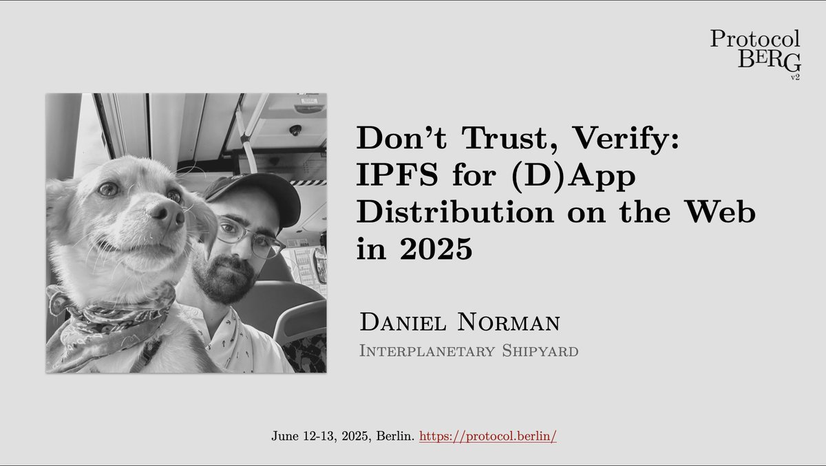 Protocol Berg v2 (@protocol_berg) on Twitter photo * <a href="/daniel2color/">Daniel Norman ๐๏ธ</a>, <a href="/ipshipyard/">Interplanetary Shipyard</a>, will address how the Bybit hack exposed deep trust assumptions in web app delivery & how IPFS can help fix them. This talk explores content-addressed deployment, native browser support, and how to build verifiable, tamper-resistant frontends for * <a href="/daniel2color/">Daniel Norman ๐๏ธ</a>, <a href="/ipshipyard/">Interplanetary Shipyard</a>, will address how the Bybit hack exposed deep trust assumptions in web app delivery & how IPFS can help fix them. This talk explores content-addressed deployment, native browser support, and how to build verifiable, tamper-resistant frontends for