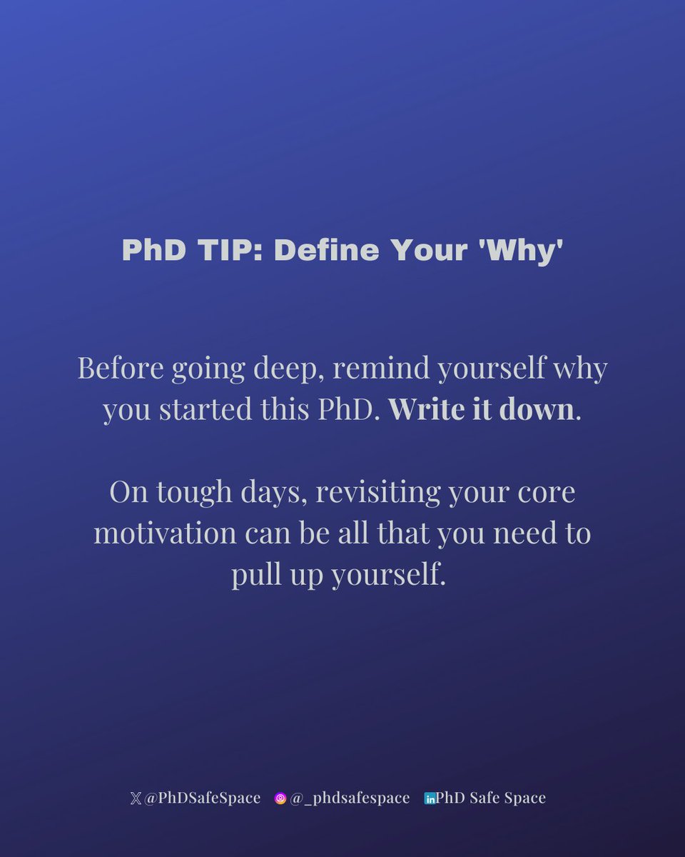 PhDSafeSpace's tweet image. If you&apos;re just starting your PhD, write down your &apos;why&apos; to always remind you why you can&apos;t give up.

If you&apos;re already neck-deep into it, still write down your &apos;why&apos; so you don&apos;t forget why you started in the first place.

You&apos;ve got this. 💪
#phdtip