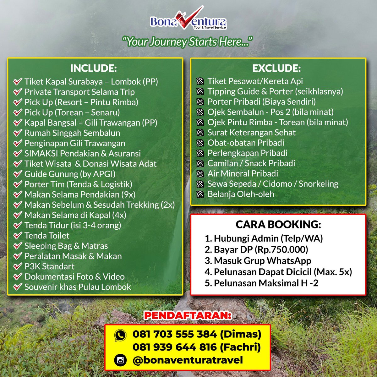 Opentrip Rinjani versi SULTAN... .. dengan guide dan operator berpengalaman..garansi

 jangan lupa Kode Promo nya agar dapat diskon...

Cp langsung hubungi yg tertera di gambar ...
#rinjani #sembalun #torean #lombok #opentrip #ntb #hiking #gunungrinjani #share
