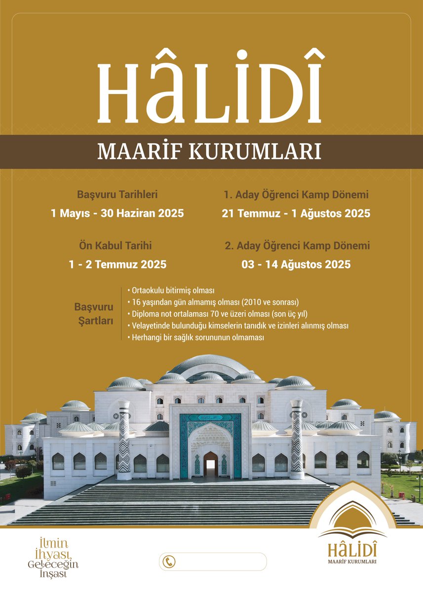halidimaarif's tweet photo. Hâlidî Maarif Kurumları yeni maarif yılı talebe alımları için başvuru tarihleri belli olmuştur.

📅 Başvuru Tarihleri: 1 Mayıs - 30 Haziran 2025
🌐 Başvuru Adresi: https://t.co/5zZvrzxufZ

Başvurular ilgili tarihlerde https://t.co/5zZvrzxufZ sitesi üzerinden yapılacaktır. https://t.co/5vOuu6DW7v