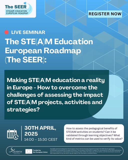 OStogether's tweet image. ๐จ๐ฝโ๐ซHow can teachers measure the impact of #STEAM education?
#TheSEER Seminar will explore innovative methods & introduce the Impact Assessment Mechanism (IAM), a new way to improve STE(A)M projects and teaching!
๐
30 April, 14:00 CEST
๐ shorturl.at/ehj8M