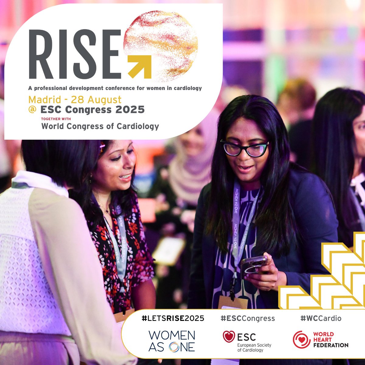 📢 Registration is now open for RISE @ ESC Congress 2025!

🗓 August 28 | 📍 Madrid 🇪🇸
Together, we're building a stronger global pipeline of women leaders in cardiology. 💪🌍

🔗 Register now: rise.womenasone.org

#LetsRISE2025 #ESCCongress #WCCardio #CardioTwitter