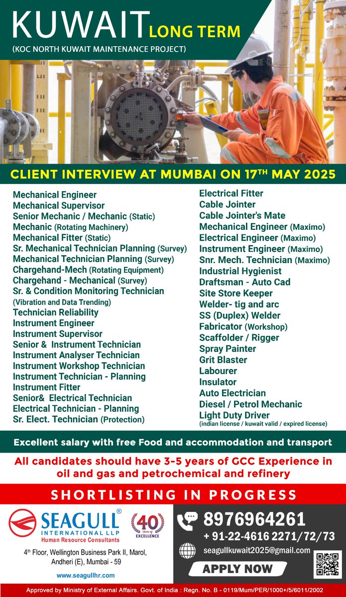 hrd1_seagull's tweet image. 🇰🇼Kuwait Jobs
📝Client Interview On 17th May 
📍Location - Mumbai
. 

.

.
#kuwaitjobs #mechanicalengineer #sitestorekeeper #spraypainter