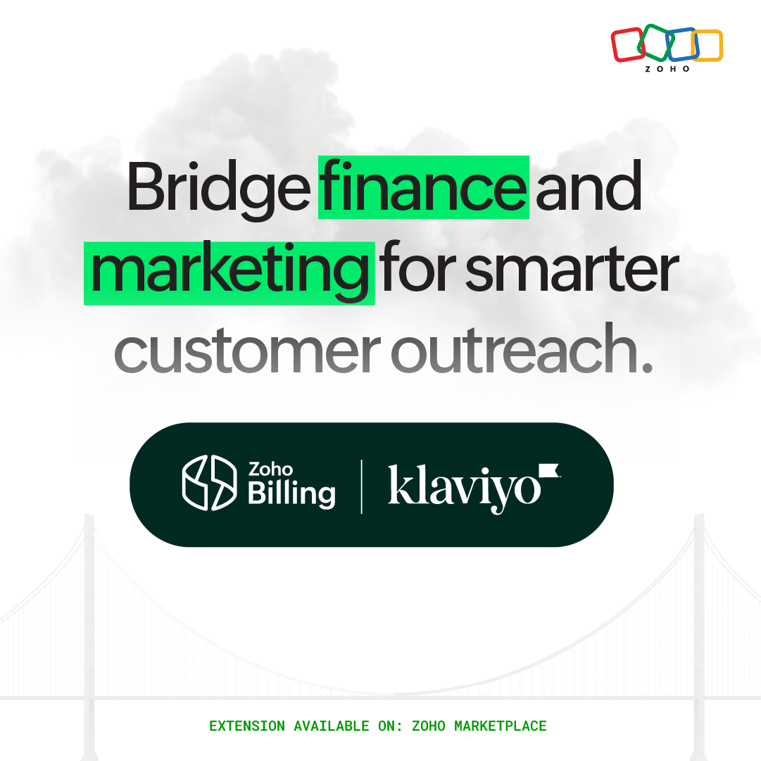 Zoho Billing (@zohobilling) on Twitter photo Are your campaigns falling short in reaching the right customers?
Sync <a href="/ZohoBilling/">Zoho Billing</a> with <a href="/klaviyo/">Klaviyo</a> marketing through a simple extension from <a href="/ZohoMarketplace/">Zoho Marketplace</a> and turn your billing data into powerful, personalized campaigns. Engage customers at the right time, boost retention, Are your campaigns falling short in reaching the right customers?
Sync <a href="/ZohoBilling/">Zoho Billing</a> with <a href="/klaviyo/">Klaviyo</a> marketing through a simple extension from <a href="/ZohoMarketplace/">Zoho Marketplace</a> and turn your billing data into powerful, personalized campaigns. Engage customers at the right time, boost retention,
