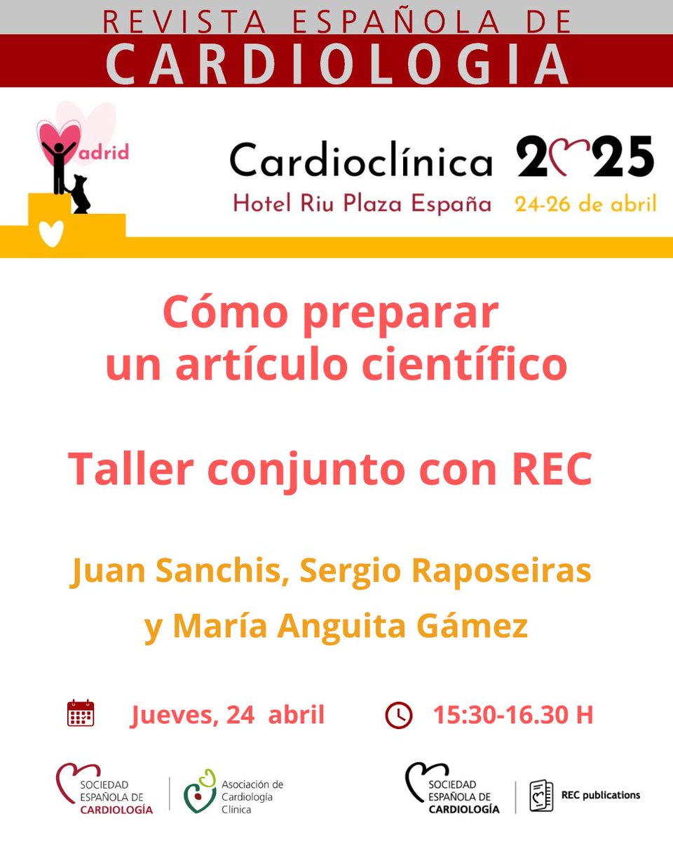 REC Publications (@revespcardiol) on Twitter photo 🚨Os esperamos en #CardioClinica25, en el taller de <a href="/clinica_sec/">Asociación Cardiología Clínica SEC</a> y @RevESpCardiol "Cómo preparar un artículo científico".
🎯Con Juan Sanchis (<a href="/JuanSanchisFor/">Juan Sanchis</a>), Sergio Raposeiras (<a href="/S_Raposeiras/">Sergio Raposeiras-Roubín</a>) y María Anguita (<a href="/mariaangui95/">María Anguita</a>)
🗓️ Jueves 24/04/2025
🕙 15:30-16:30 h
#REC 🚨Os esperamos en #CardioClinica25, en el taller de <a href="/clinica_sec/">Asociación Cardiología Clínica SEC</a> y @RevESpCardiol "Cómo preparar un artículo científico".
🎯Con Juan Sanchis (<a href="/JuanSanchisFor/">Juan Sanchis</a>), Sergio Raposeiras (<a href="/S_Raposeiras/">Sergio Raposeiras-Roubín</a>) y María Anguita (<a href="/mariaangui95/">María Anguita</a>)
🗓️ Jueves 24/04/2025
🕙 15:30-16:30 h
#REC