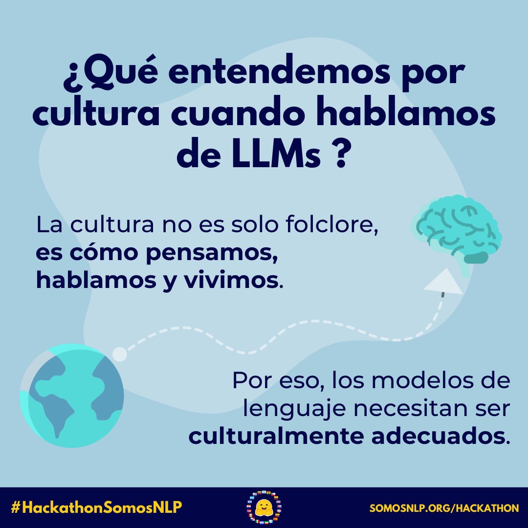 🤔 ¿Qué significa que un #LLM esté alineado culturalmente?

¡Ayúdanos a representar mejor tu cultura en los modelos de lenguaje!

⚙️ Aprendizaje por refuerzo
🎁 Créditos API, GPUs y libros
💡 Charlas, talleres y mentorías

¡Únete ya al #HackathonSomosNLP! forms.gle/bDaBC7XV3iu2tr…