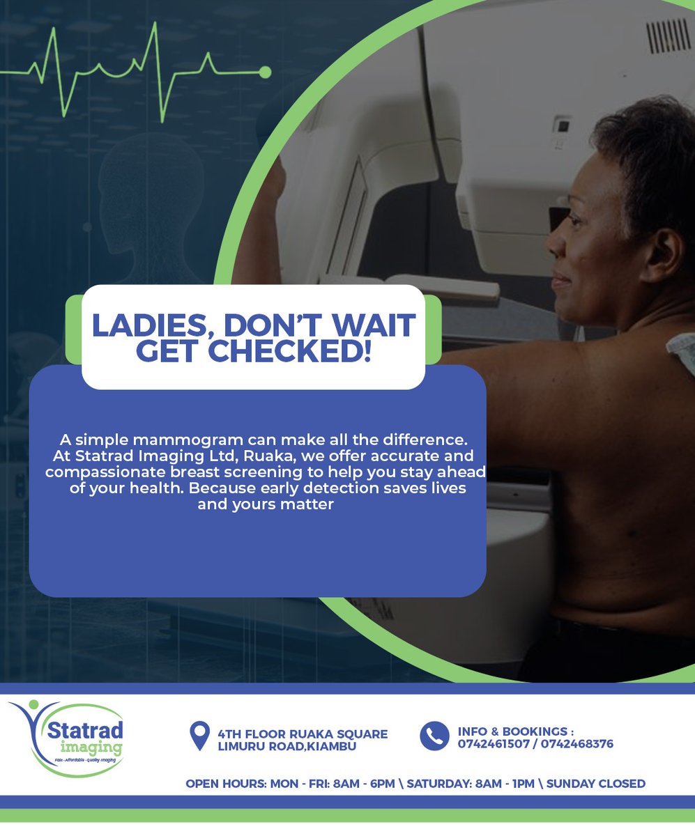 🎀 Ladies, don’t wait — get checked!
A simple mammogram can make all the difference. At Statrad Imaging Ltd, Ruaka, we offer accurate and compassionate breast screening to help you stay ahead of your health. 💪💖

Because early detection saves lives — and yours matters. 💖 Pope